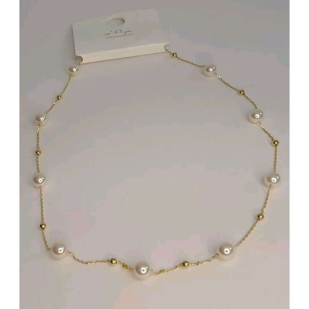 NEW Faux Silver Pearl Necklace With Gold Tone Balls Stainless Steel Material